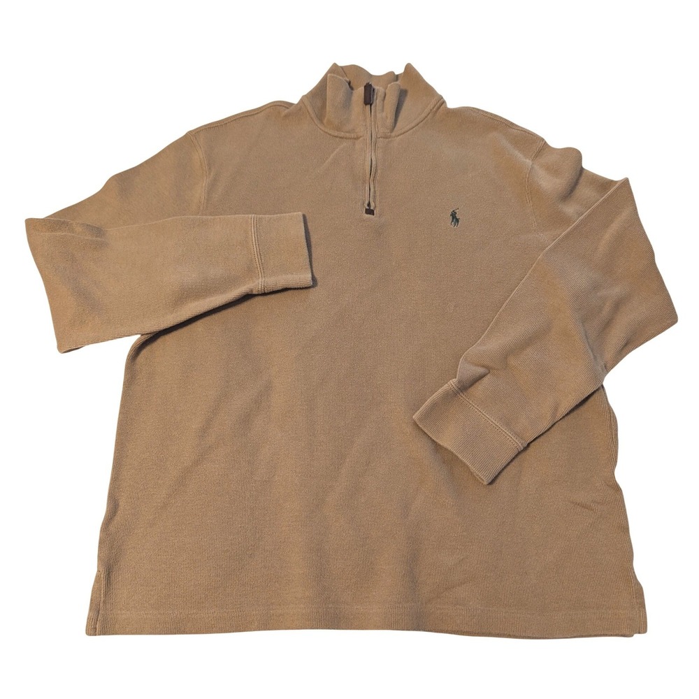 Polo Ralph Lauren Men Large Tan Camel Cotton Ribbed Quarter Zip Pullover Sweater